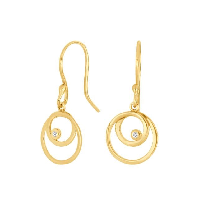 Siersbøl øreringe i 8 karat guld med dobbelt cirkelvedhæng og zirkonia, 27 mm.